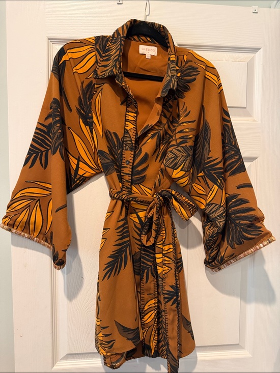Ciebon Dresses & Skirts - Citron Mustard Tropical Print Long Sleeve Belted Dress